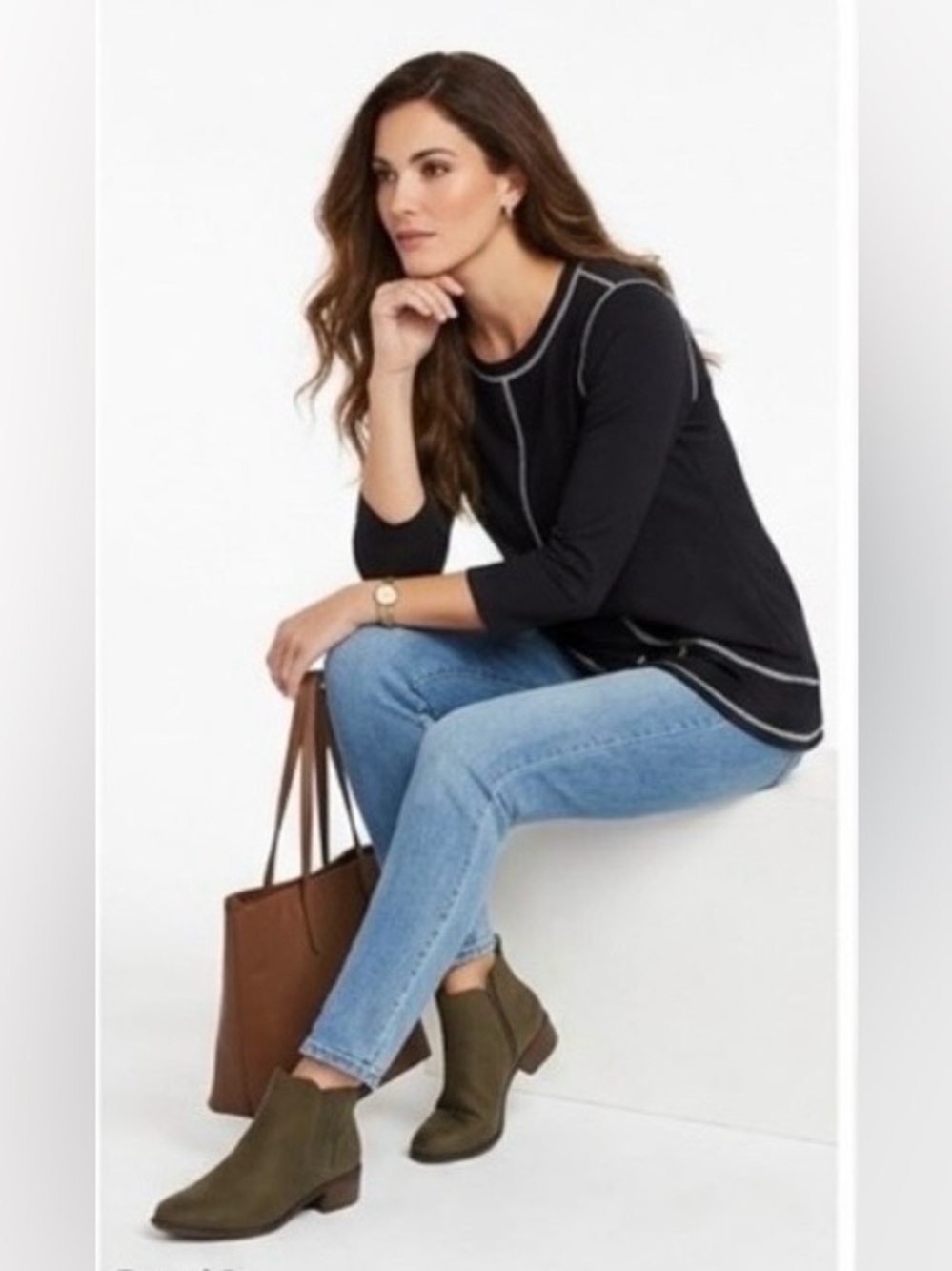 Eli Black Long Sleeve Top With White Accents asymmetrical Aline Prima Cotton